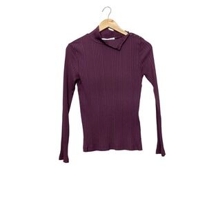 Joie Lanigan Ribbed Mock Neck Button Shoulder Top Burnt Currant Purple Small NEW